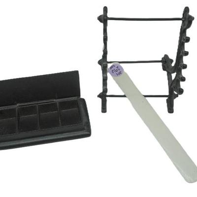 This lot includes 1) Bone Letter Opener 2) Quill rack/holder 3) AMW Desktop Stamp holder. 