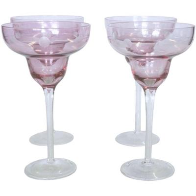 4 LARGE PINK CUT ETCHED MARGARITA GLASSES