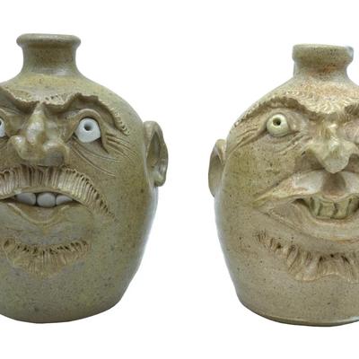 TWO SOUTHERN FOLK ART POTTERY FACE JUGS