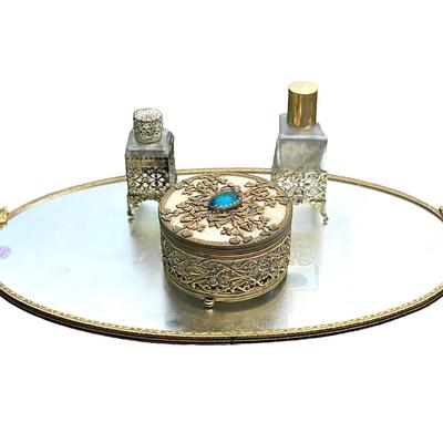 4 PC VINTAGE HOLLYWOOD REGENCY 24K GOLD PLATED VANITY MIRROR TRAY
