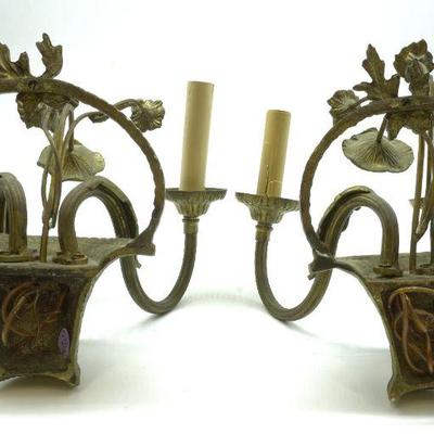 PAIR VINTAGE MID CENTURY BRONZE FLORAL SCONCES