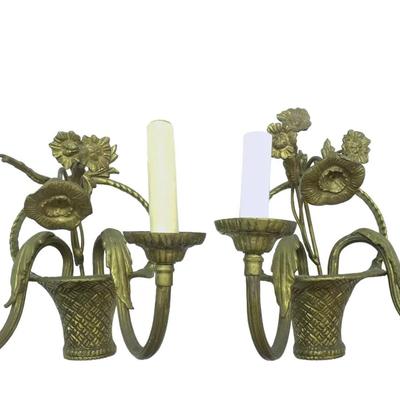 PAIR VINTAGE MID CENTURY BRONZE FLORAL SCONCES