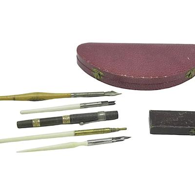 ANTIQUE BONE INK QUILLS AND STATIONARY - 9 PIECES