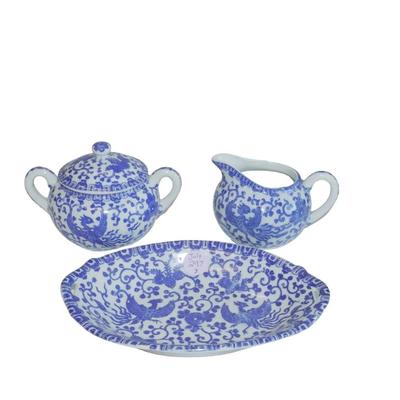 3 PC MID CENTURY JAPANESE BLUE & WHITE PHOENIX PORCELAIN