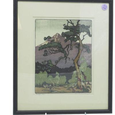 Art Deco Era 1920s Helen Grave Stevenson Woodblock "Goatfell No.2". Professionally framed and matted. 