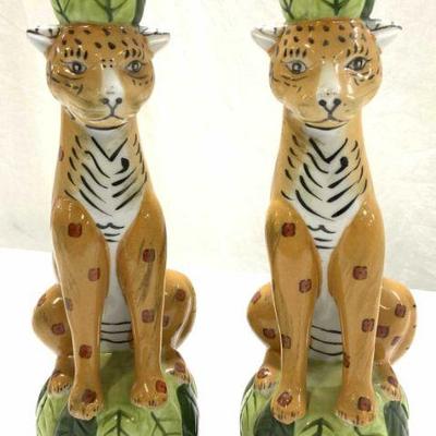 Pair CBK Porcelain Jungle Cat Candle Holders 12in
