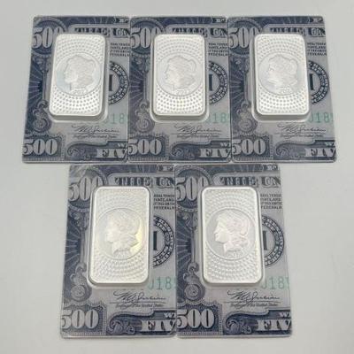 #724 • (5) 50G .999 Fine Silver Morgan Silver Bars
