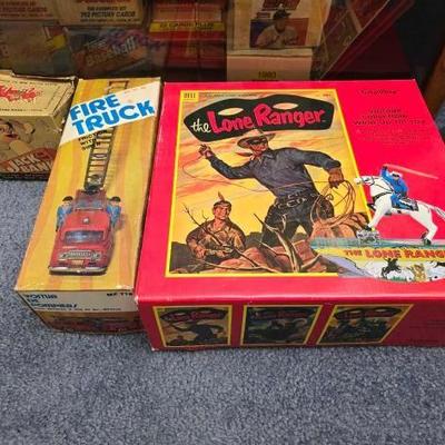 #2982 • Jack in the Box Game , Model Fire Truck, The Lone Ranger Vintage Wind Up Tin Toy
