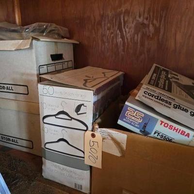 #5070 • 2 Boxes Encyclopedia Books Box of Hangers, Cordless gule gun & more
