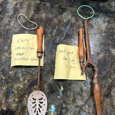 KKF112- Antique Curling Iron And Early American Slotted Spoon 