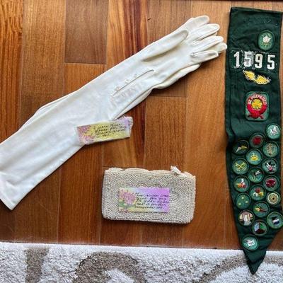 KKF160- Vintage Women’s Dress Gloves, Beaded Purse & Girl Scouts Sash