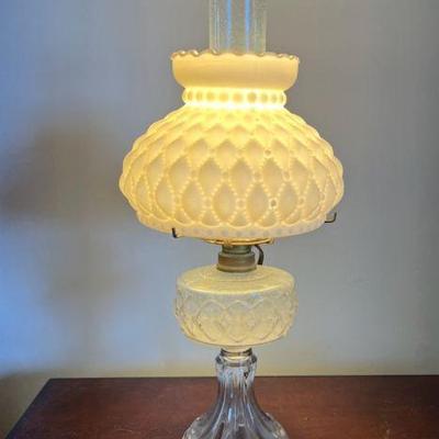 KKF082- Vintage Electrified Oil Lamp With Diamond Quilted Milk Glass Shade