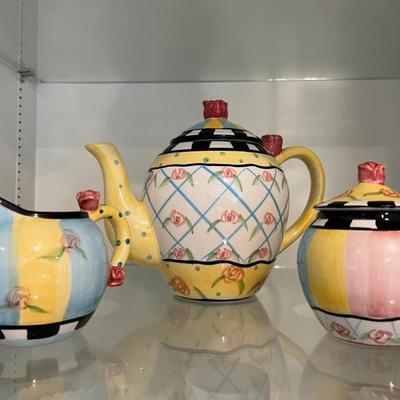 Mary Englebreit “Stripes & Flowers” teapot, creamer & sugar