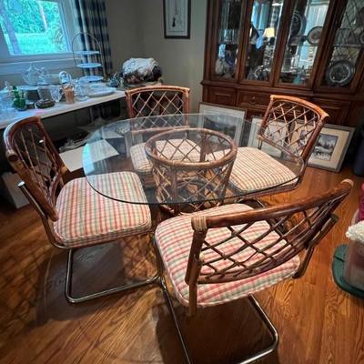 Mid century rattan & glass table/4 chairs