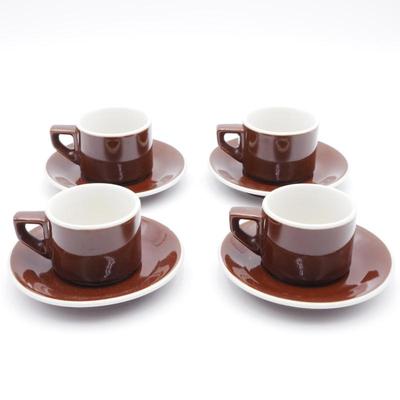 Set of 4 Ceramic Brown and White Glaze Espresso Mugs with Saucers