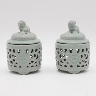 Pair of Pale Teal Ceramic Openwork Incense Burners w/Foo Dog Lid