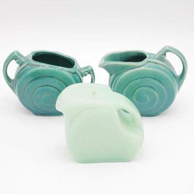 Homer Laughlin Riviera Green Ceramic Swirl Sugar Bowl and Creamer with Candle