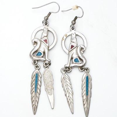 SW 92 Red Coral & Blue Turquoise Inlay Howling Wolf Feather Earrings