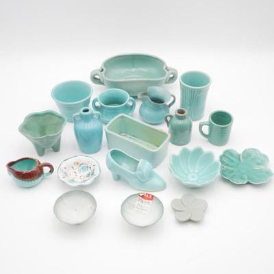 Assorted Small Teal Pottery & Dishes (Total of 18)
