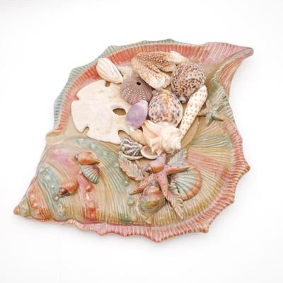 Large Ceramic Shell Dish w/Assorted Seashells