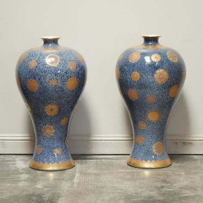 Pair of Extra Large Blue Porcelain Enameled Brass Vases