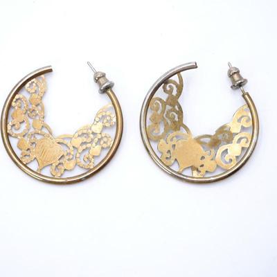 Brass Tone Heart Filigree Hoop Earrings