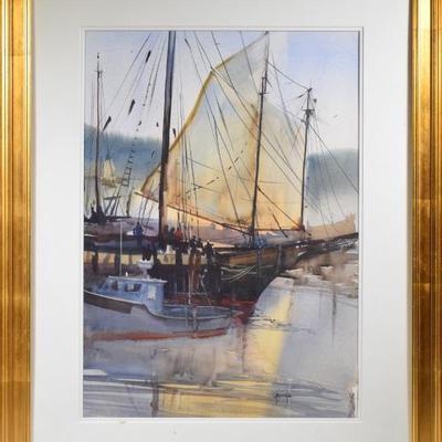 "Full Sail in Dock" by Paul George Original Watercolor on Canvas