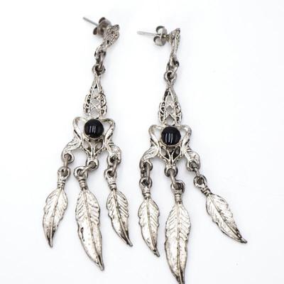 Black Onyx & Metal Feathers Dangle Earrings