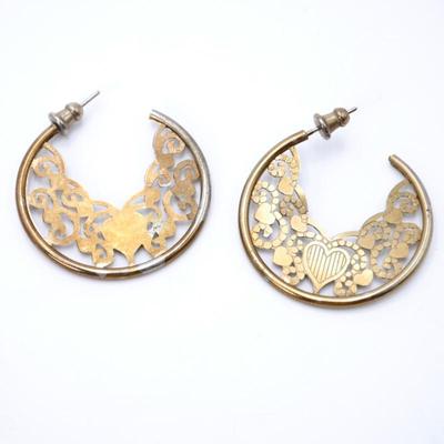 Brass Tone Heart Filigree Hoop Earrings