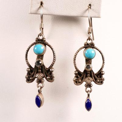925 Sterling Silver, Sleeping Beauty Turquoise, Blue Topaz & Lapis Earrings