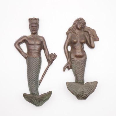 San Pacific International Cast Brass Neptune and Mermaid Wall Decor