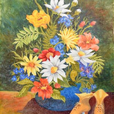 Bouquet & Boots Original Still Life Oil Painting on Canvas by Mardi