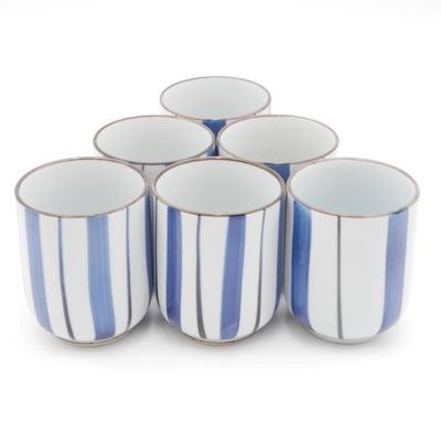 Set of 6 Japanese Porcelain Tea Cups with Hand-Painted Blue Stripes