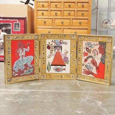 Three Panel Embroidered Art in Metal Frame