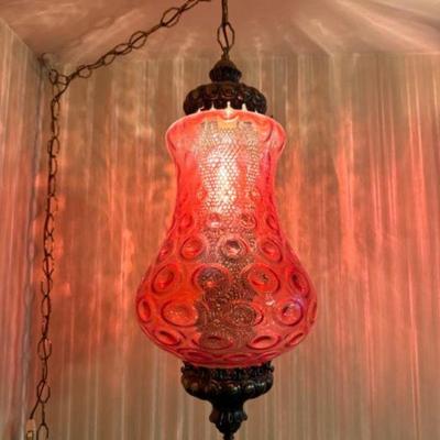 Vintage Cranberry Thumbprint Glass Hanging Swag Lamp	