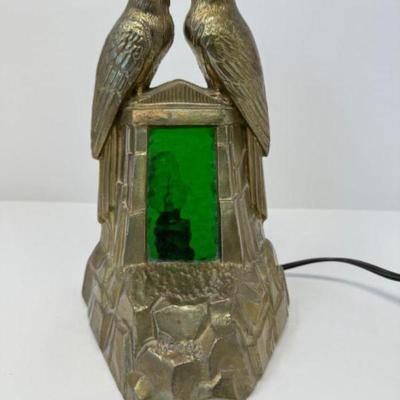 Mid-Century Modern Table Lamp w/ Bird Topper & Green Glass Shade	