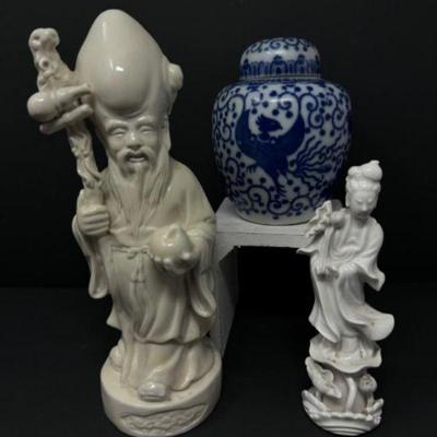 Chinese God of Longevity, Vintage Ginger Jar, & Lady Guanyin Figurine	