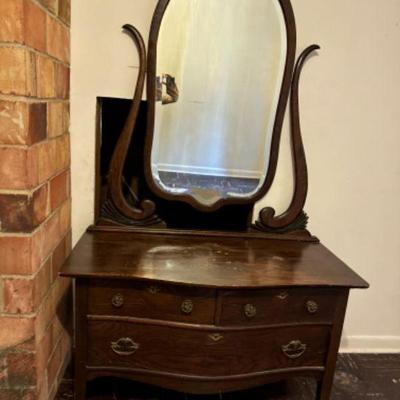 Antique Low Boy Dresser w/ Wood Casters, Mirror & Dovetailed Drawers	