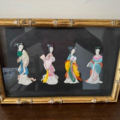 Professionally Framed Fabric Geisha Art on Kimono	