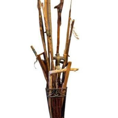 Metal Vessel w/ Mystical Spears, Walking Spirit Sticks, & Guardian Charms	