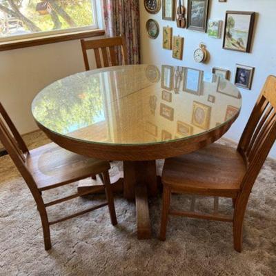 Solid Wood Pedestal Dining Table w/ Glass Top & 3 Chairs	