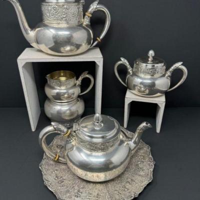 Antique Gorham Co. Soldered Silver Tea Set w/ Ornate Floral Design	