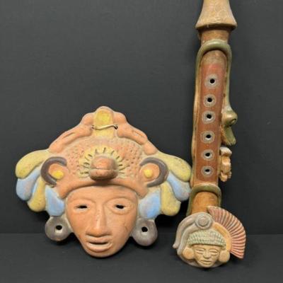 Pre-Columbian Artifacts: Mexican Deity Mask & Serpent Design Clay Flute	