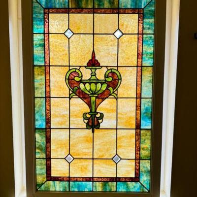 Victorian Style Stained Glass Window Panel w/ Colorful Border	