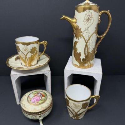 Elite Limoges Hand-Painted Pot, Cups w/ Trinket Box	