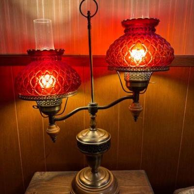 Double Brass Arm Desk Lamp w/ Quilted Pattern Cranberry Glass Shades	