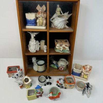 Wooden Display Case w/ Collection of Ceramic Figurines	