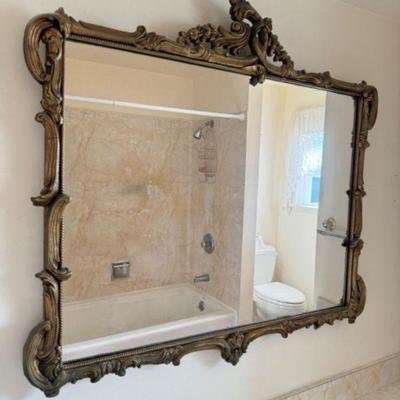 Large Antique Wood Mirror w/ Ornate Gold Accents	