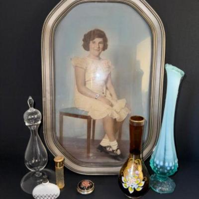 Fenton Vase, Bohemian Bud Vase & Perfume Bottles + Convex Glass Frame	