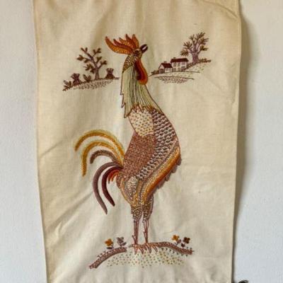 Vintage Crewel Rooster - Embroidered Wall Art	